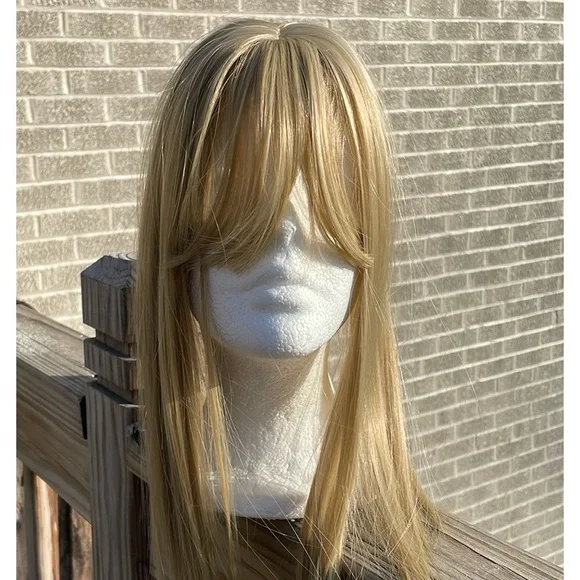 NWT wheat blonde topper light HAND TIED center part with bangs 16-17” new silk